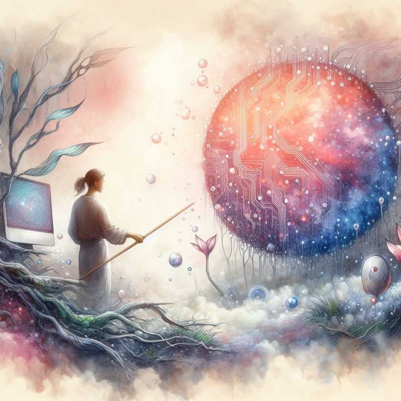 Picture a soft and ethereal watercolor painting portraying a software engineer amidst an alien garden, gently poking at an organic-looking extraterrestrial device with a wood stick. Small bubbles appear on the other side of the device. The blend of pastel colors creates a dreamy atmosphere, capturing the imagination of every viewer. Generated with AI ∙ 2 November 2023 at 10:27 am